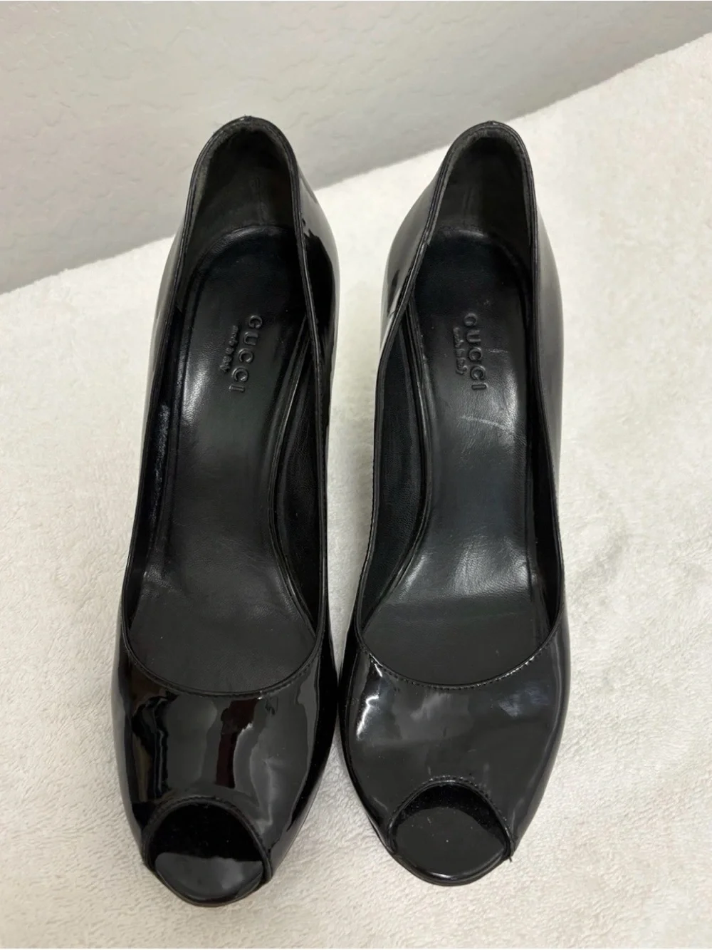Gucci Black Patent Peep-Toe Wedge Pumps